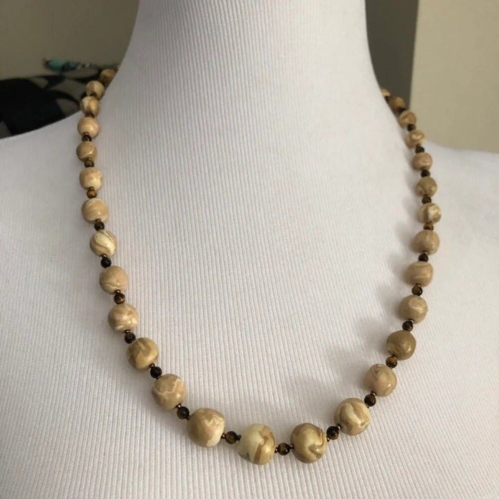 Handmade Tan Round Stone Beaded Necklace